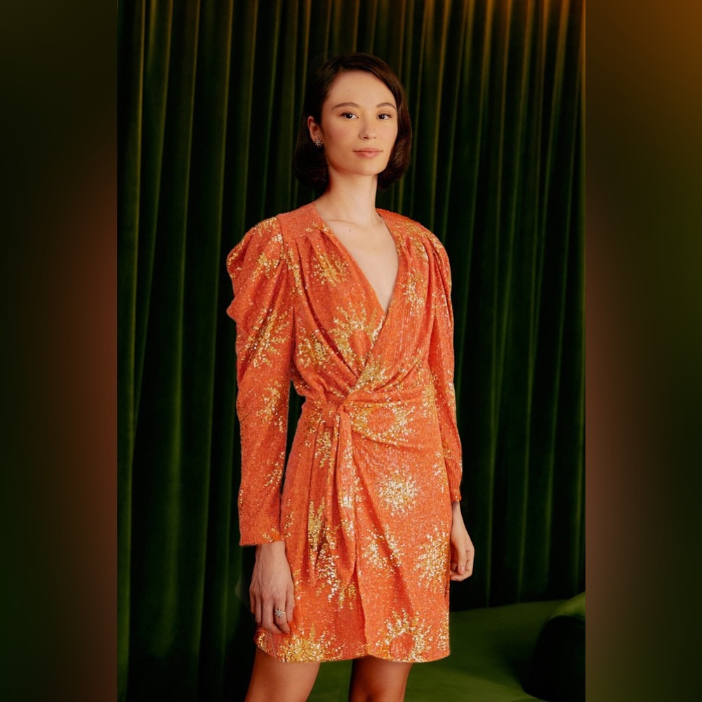 NWT FARM Rio | Orange Sunny Mood Sequin Long Sleeve Mini Dress | Size Large